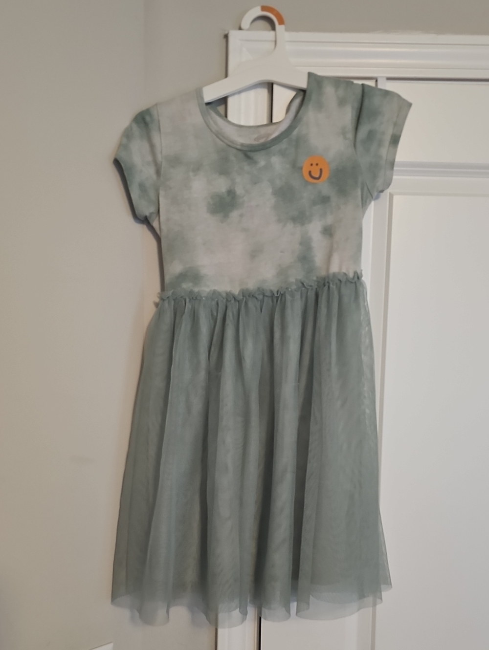 Girls Sage Green Tie-Dye Tulle Dress with Smile Patch
